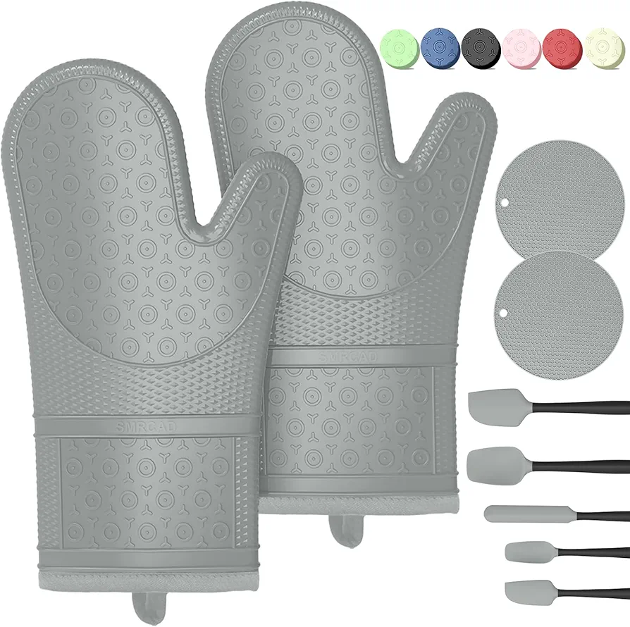 Silicone Oven Mitts with Heat-Resistant Hot Pads and Five Spatulas Set Designed for Kitchen Baking Cooking, Oven Glove Soft Cotton Lining, Waterproof, BPA-Free (Grey, 12.6)