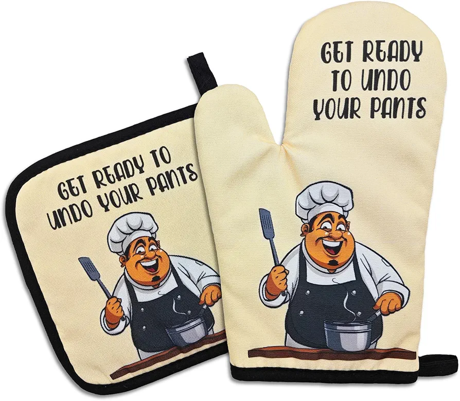 Funny Oven Mitts and Pot Holders Set Get Ready to Undo Your Pants Silicone Non-Slip Oven Mitts Humor Heat Resistant Mitts with Hanging Loop Novelty Kitchen Gifts for Chef Cook Lover Friend