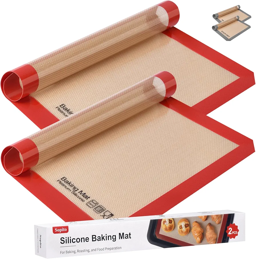 Silicone Baking Mat, Sopito Food Safe Silicone Baking Sheet, Heat Resistant 480℉ Baking Mat, Length 16.5" Width 11.6", 2 PCS-Red