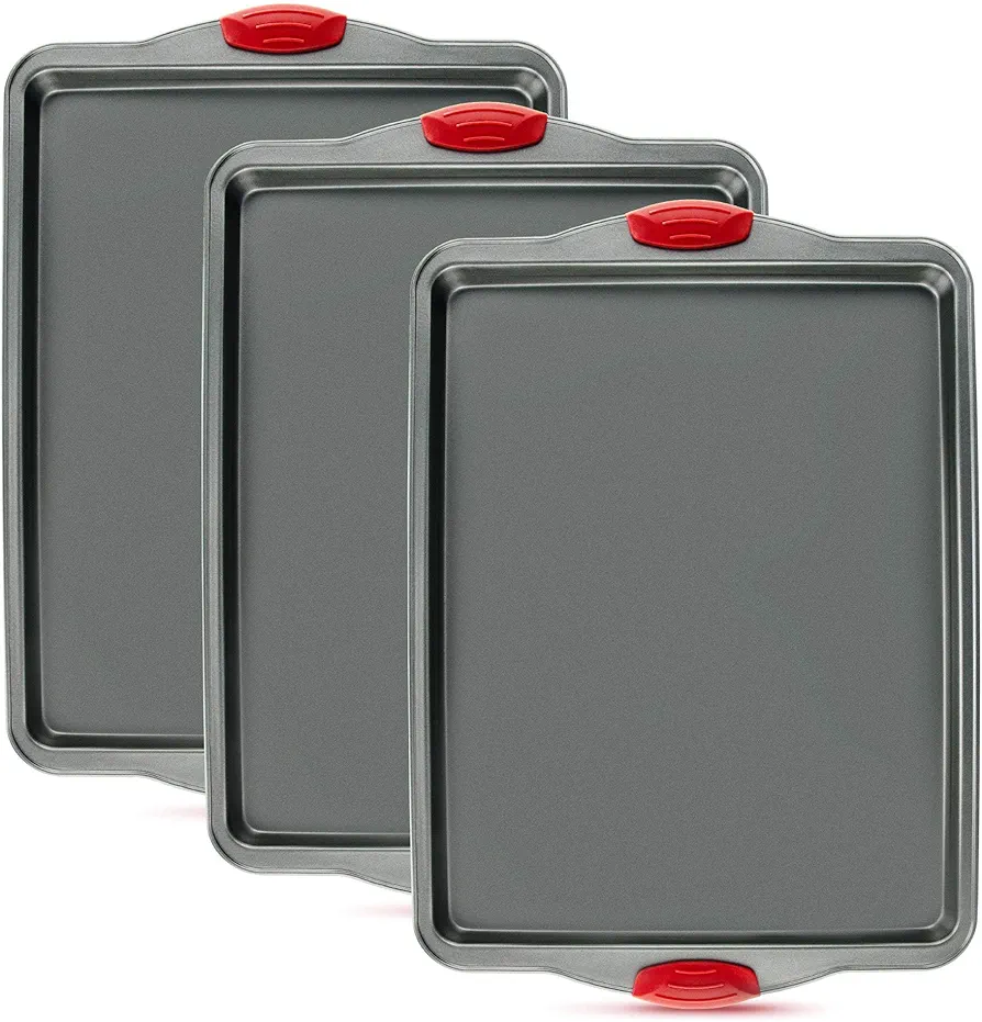 Premium Nonstick Baking Sheet Pans – Set of 3, Heavy-Gauge Carbon Steel, Warp, Dent, and Rust-Resistant – Gourmet Rimmed Half Cookie Sheet Trays, Non-Toxic for Exceptional Baking Performance