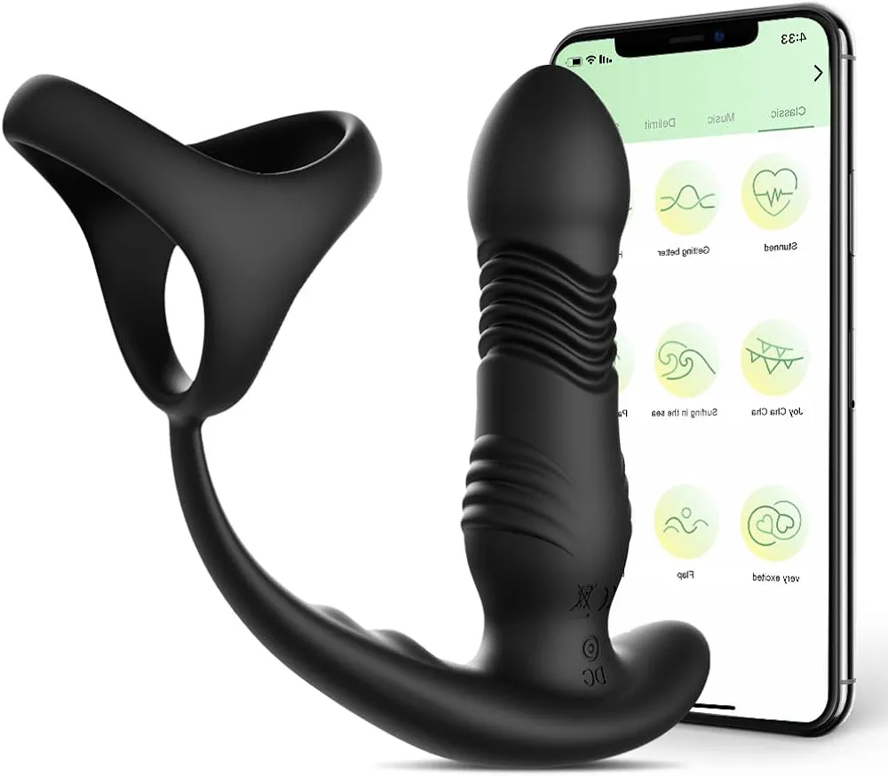 Anal Vibrator with Penis Ring, Waterproof APP Remote Control Thrusting Prostate Massager with 10 Vibrating Modes, Anal Plug Sex Toy for Adult Men Couples