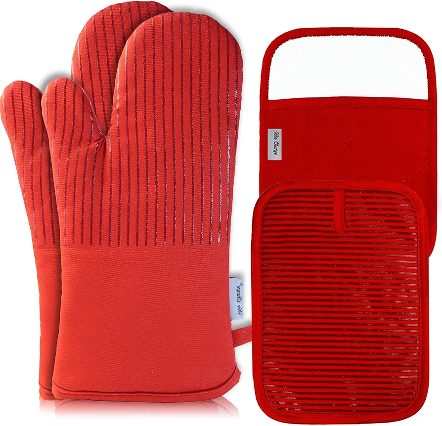 Oven Mitts and Pot Holders Sets with Silicone Heat Resistant,Oven Mitts and Pot Holders Soft Cotton Lining Thick Gloves Pot Holders for Kitchen Baking Cooking,Pack of 4,Red