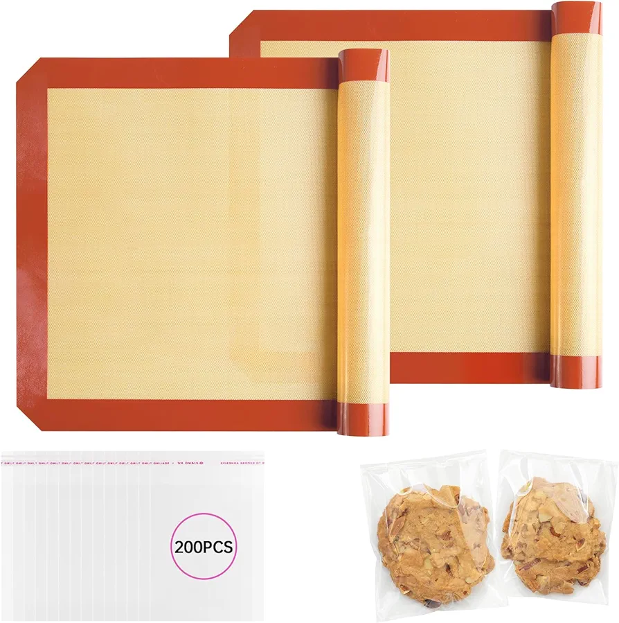 Silicone Baking Mat, 2Pack Non-Stick Food Safe & 15.7"x11.8" Reusable Silicone Mats + 200Pcs Cookies Bags for Baking, Oven Baking Sheet for Making Cookies, Macaroons, Bread-Red