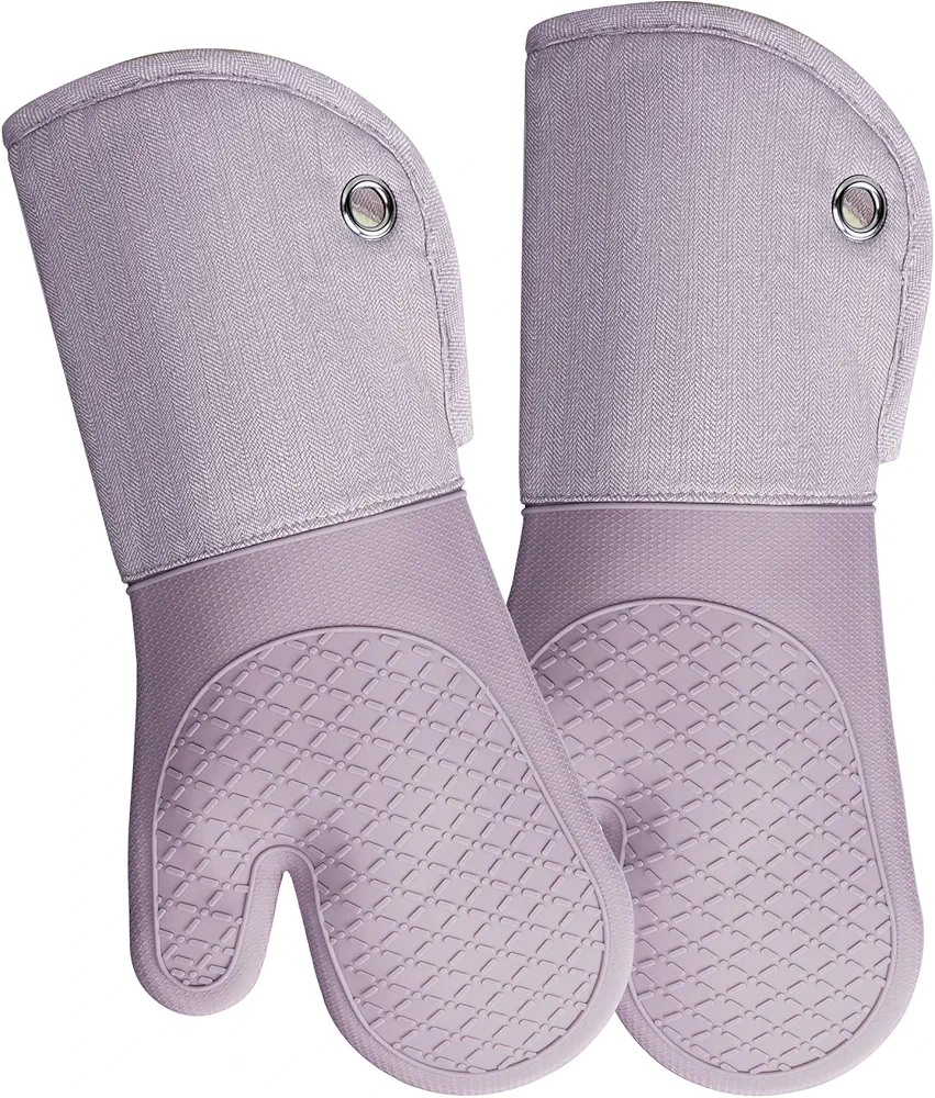 Professional Microwave Silicone Oven Mitts one Pair, Kitchen Mitten Set for Heat Resistant with 500 Degrees, Kitchen Gloves Pot Holder for BBQ Cooking Baking (Purple)