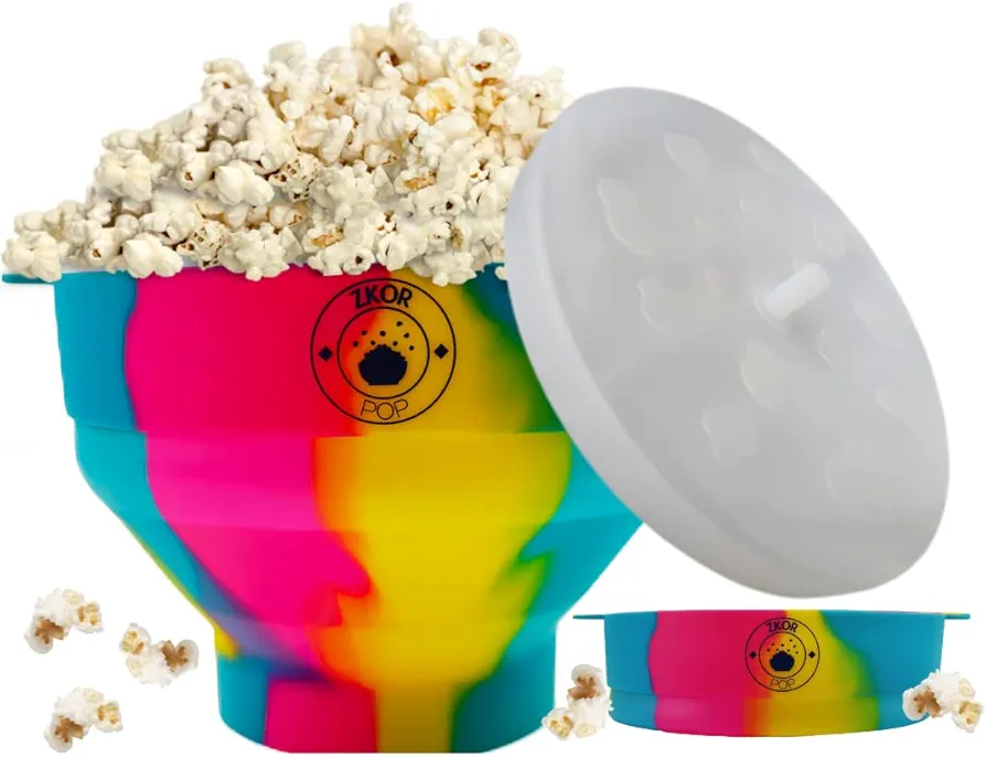 Microwavable Silicone Popcorn Popper- Collapsible Bowl-Microwave Popcorn Maker- Reusable - Air Popped Popcorn No Oil- BPA Free- 100% Food grade Silicone- Dishwasher Safe- ZKOR Rainbow