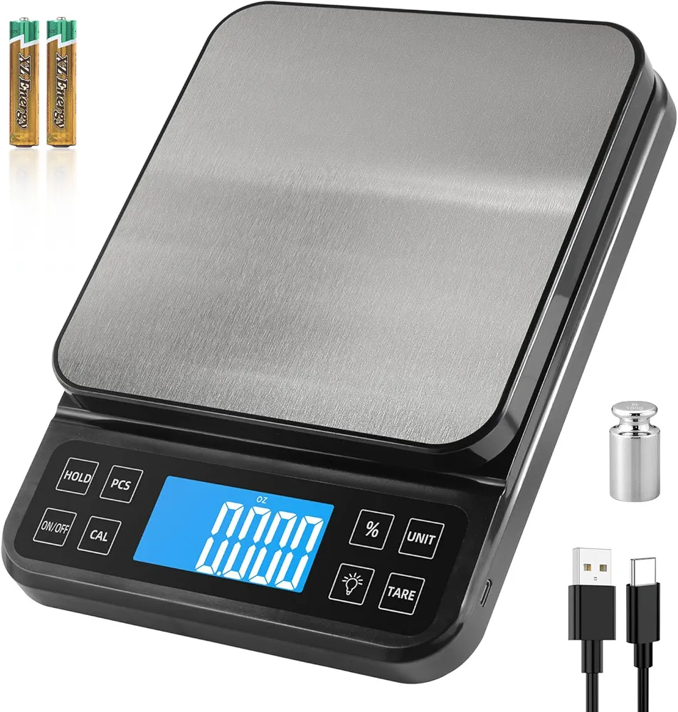 BOMATA Large Kitchen Scale with 0.1g/0.001oz High Precision, 5kg/11lb Bakery Scale with% Percentage Function, USB Rechargeable, Full-View Angle LCD with Backlight, Stainless Steel Pan