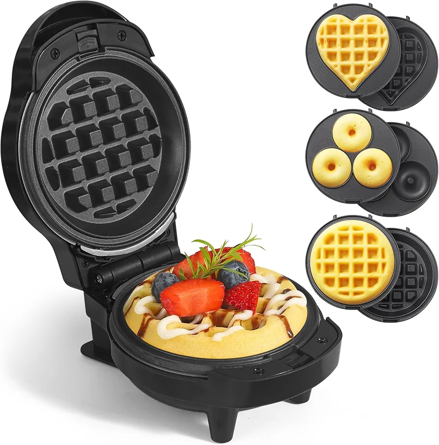 Mini Waffles Maker with 6 Removable Plates, 3 in 1 Small Waffle Maker Mini- Waffle, Heart Waffle, Donut, 4.5" Non Stick Waffle Iron for Kids and Families, Black