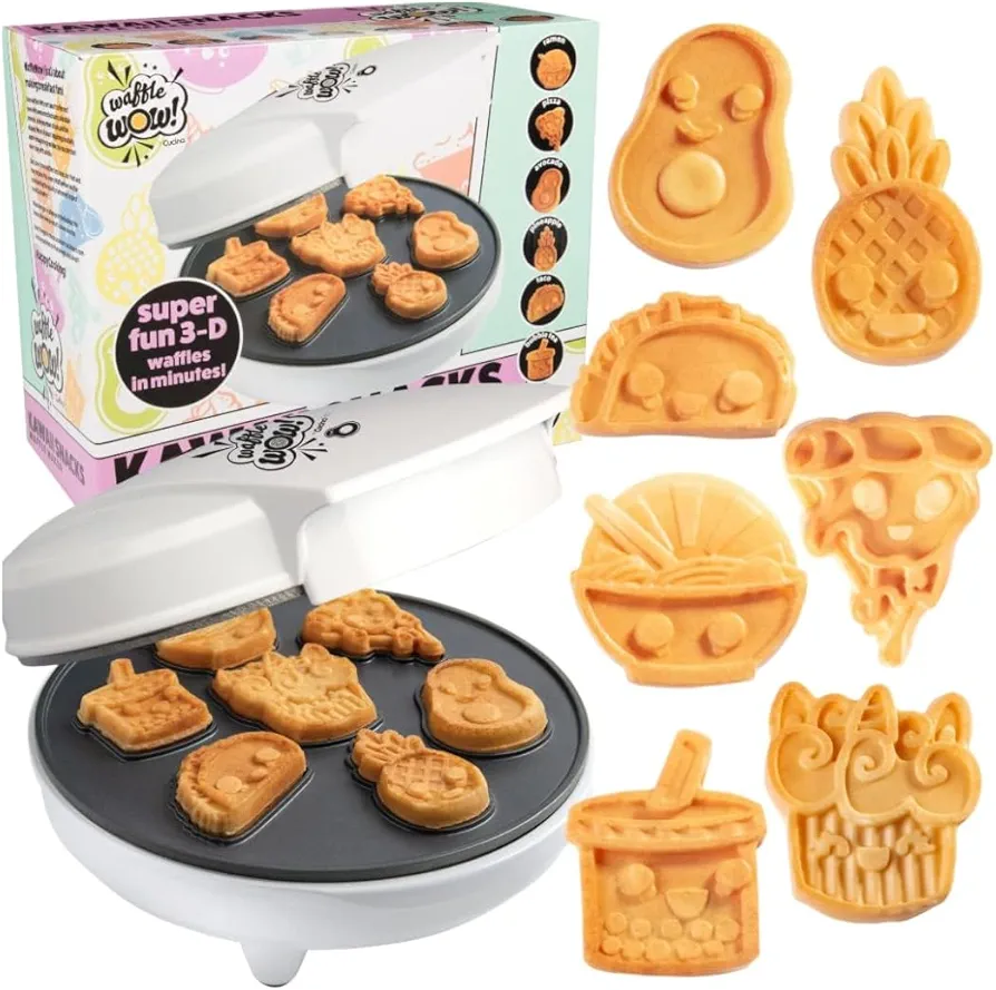 Waffle Wow! Fun Food Friends Mini Waffle Maker - 7 Different Kawaii Style Design Pan Cakes Featuring an Avocado Pizza Ramen Taco & More- Cool Electric Waffler Iron for Holiday Morning Breakfast