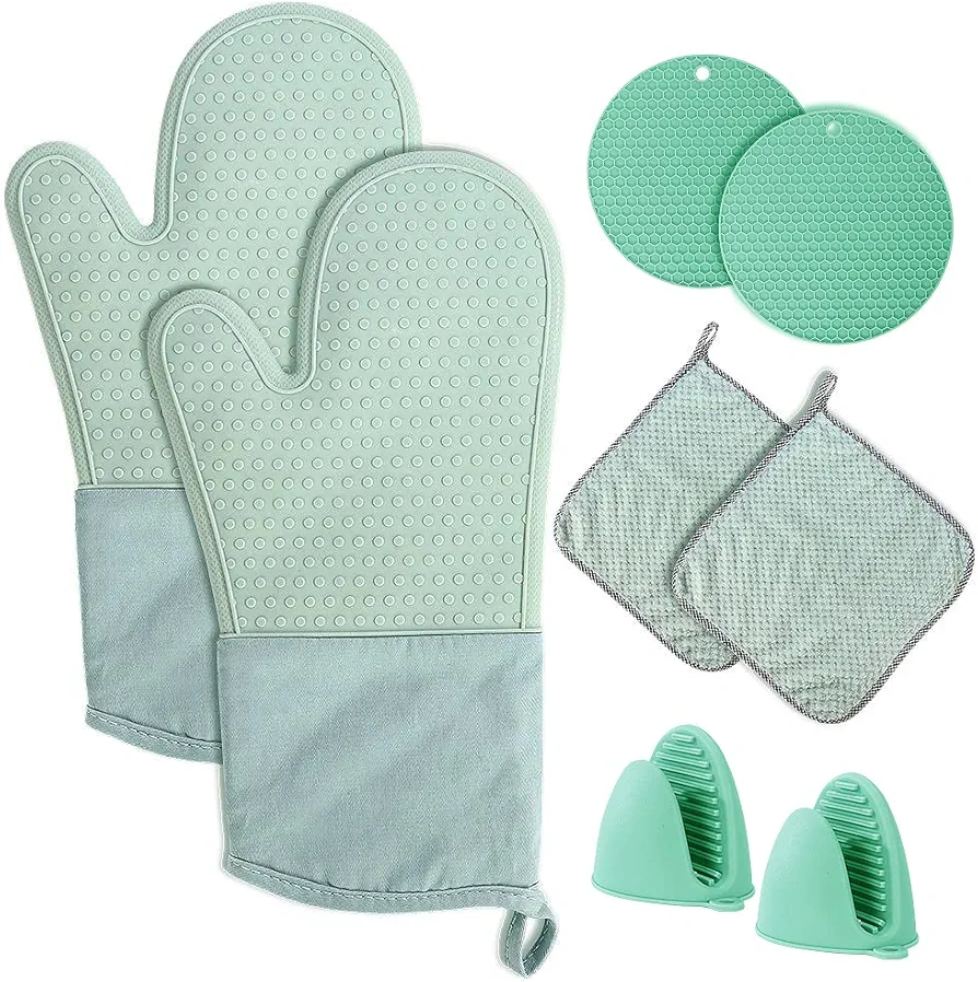 Oven Mitts and Pot Holders Set 8 Pcs, Extra Long Silicone Gloves Kitchen Accessories High Heat Resistant 450 Degree Potholder with Non-Slip Surface Soft Inner Lining for Cooking Baking