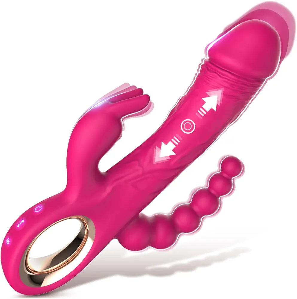 Thrusting Rabbit Vibrator Sex Toy, Realistic Thrusting Dildo with Different Powerful Speeds, Circle Handle & Anal Bead Design for G Spot Anal Vaginal Nipple Stimulation, Adult Toy for Woman Pleasure