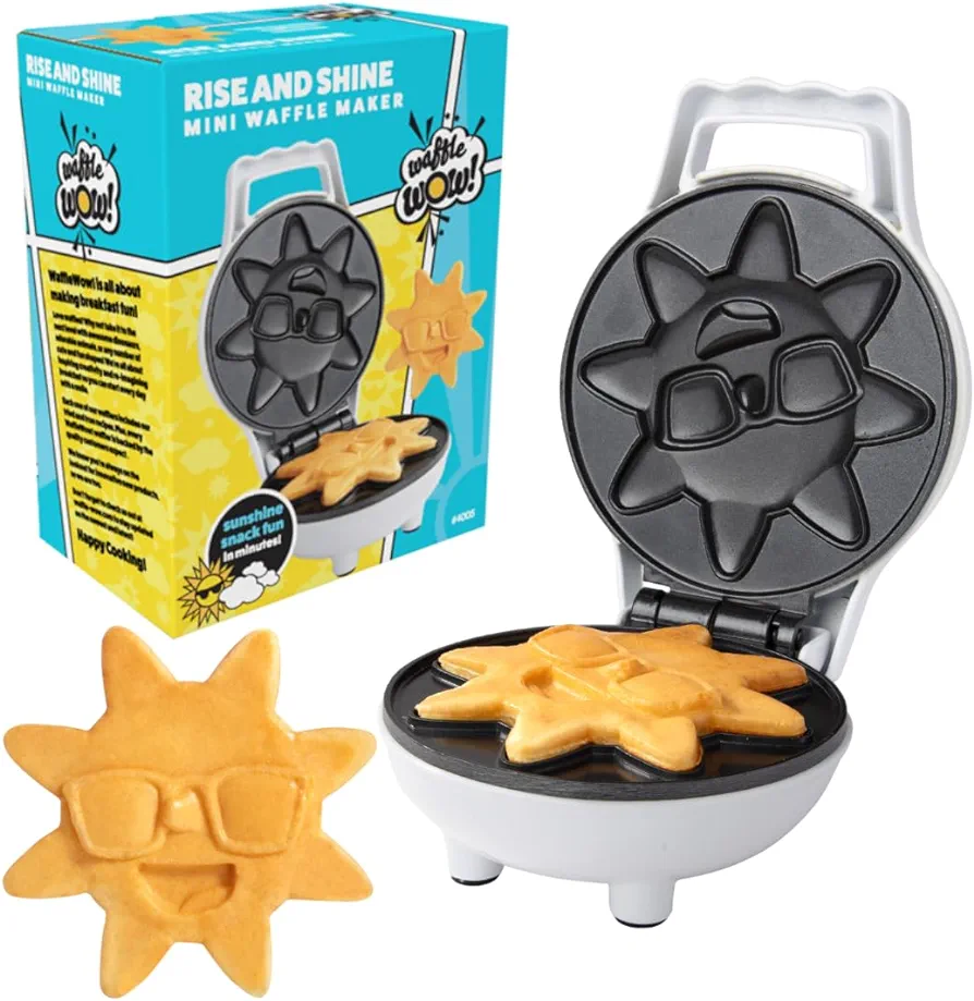 CucinaPro Rise & Shine Mini Sun Waffle Maker - Personal-Sized 4" Sunshine Smile Individual Waffles for Kids, Adults- Cute Non-Stick Electric Waffler Iron- Back to School or Holiday Gift