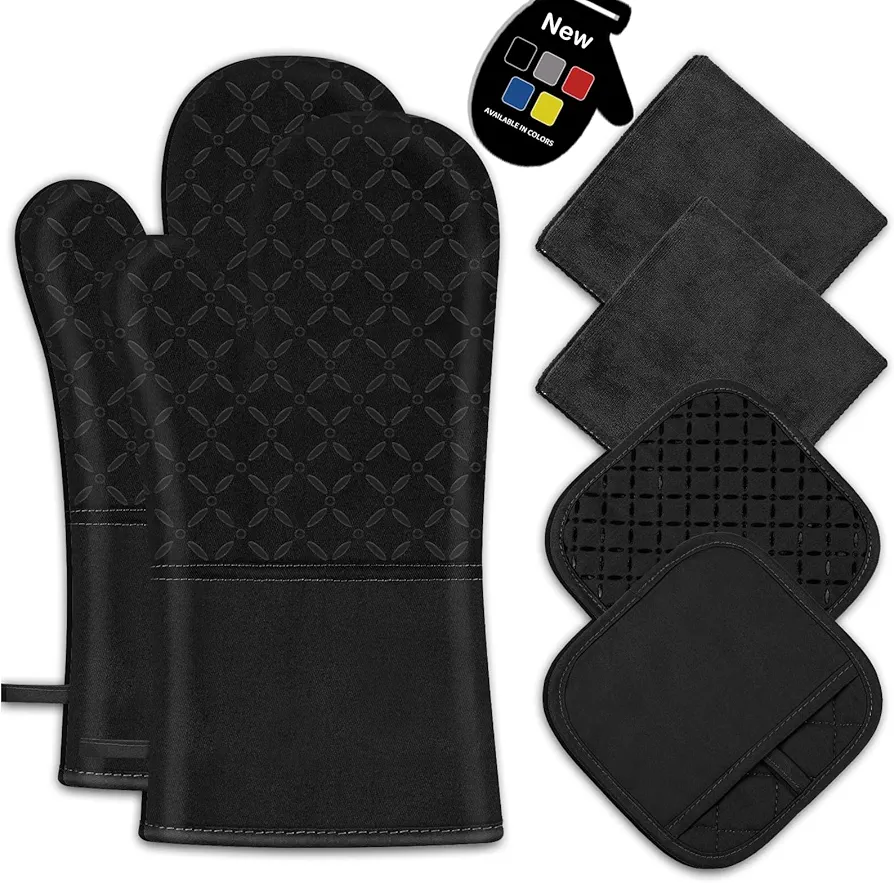 6Pcs Oven Mitts and Pot Holders, 500°F Heat Resistant Oven Mitts with Kitchen Towels Soft Cotton Lining and Non-Slip Silicone Surface Safe for Baking, Cooking, BBQ