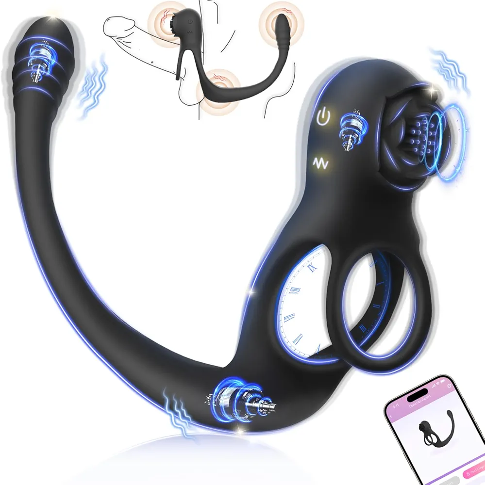 Vibrating Cock Ring, Male Vibrator Sex Toys for Men Anal Plug Penis Ring with App & 10 Vibrations, Rose Cock Ring with Vibrating Butt Plug Clit Stimulator Prostate Massager for Couples Sex Toys(Black)