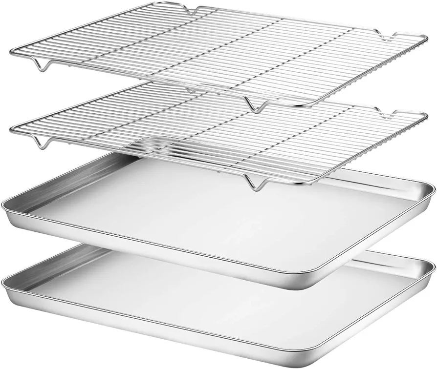 Wildone Baking Sheet & Rack Set [2 Sheets + 2 Racks], Stainless Steel Cookie Pan with Cooling Rack, Size 16 x 12 x 1 Inch, Non Toxic & Heavy Duty & Easy Clean