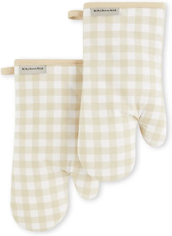 KitchenAid Gingham Oven Mitt 2-Pack Set, Milkshake, 7"x13"