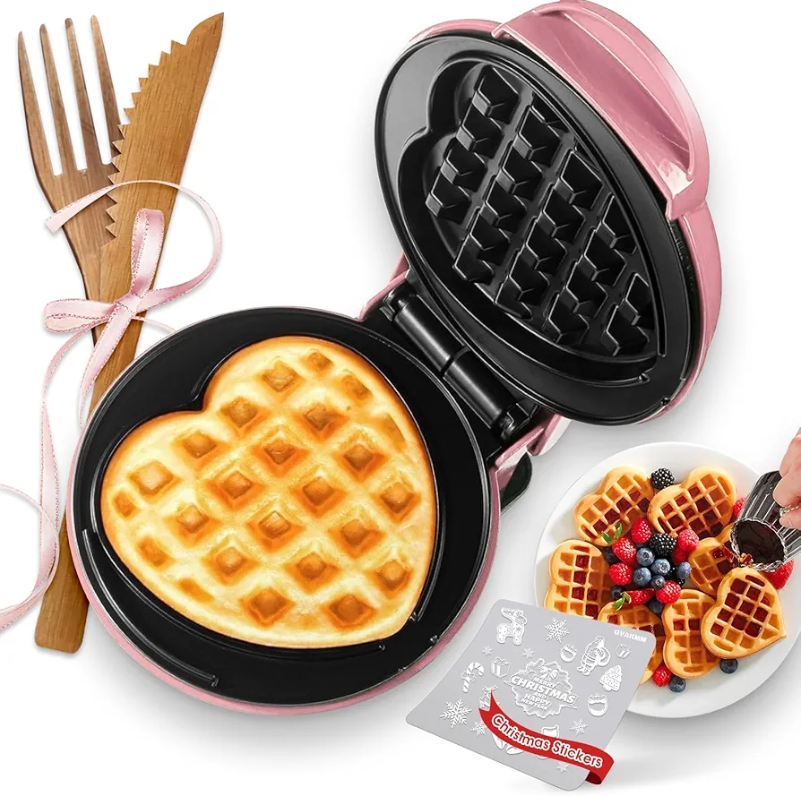 Mini Waffle Maker(Heart),Christmas Small Waffle Maker Keto,Mini Wafflera Iron for Kids Family and Individuals,4'' Non Stick Cooking Plates with Fast & Even Heating(Pink)