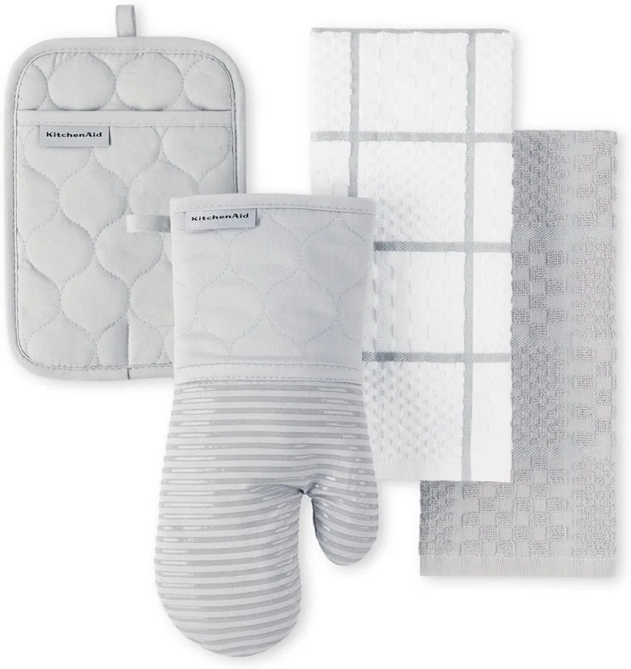 KITCHENAID Quilted Cotton Terry Cloth Oven Mitt, Pot Holder, Kitchen Towel 4-Pack Set, Heat Resistant, Silicone Grip, Gift Set, Matte Grey, 16"x26", 7"x13" & 7"x10"