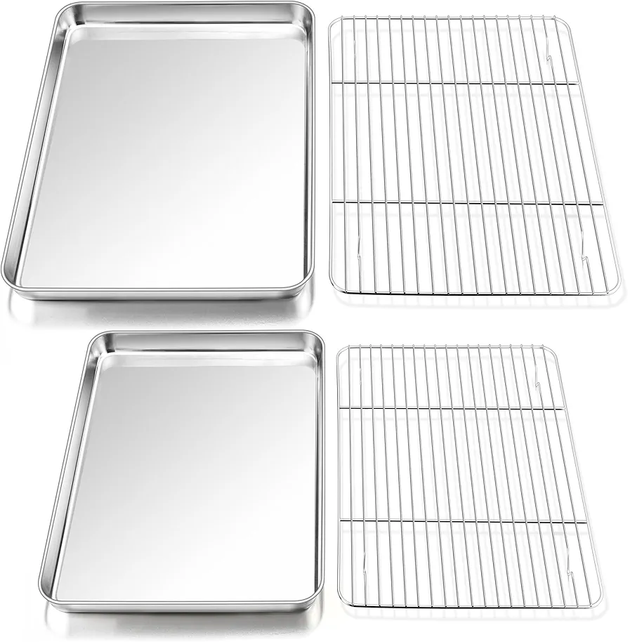 P&P CHEF Baking Sheets with Racks Set of 2, Stainless Steel Cookie Sheet Baking Tray Pan and Cooling Rack, Healthy & Easy Clean, 2 Sizes (16” + 12.5”)