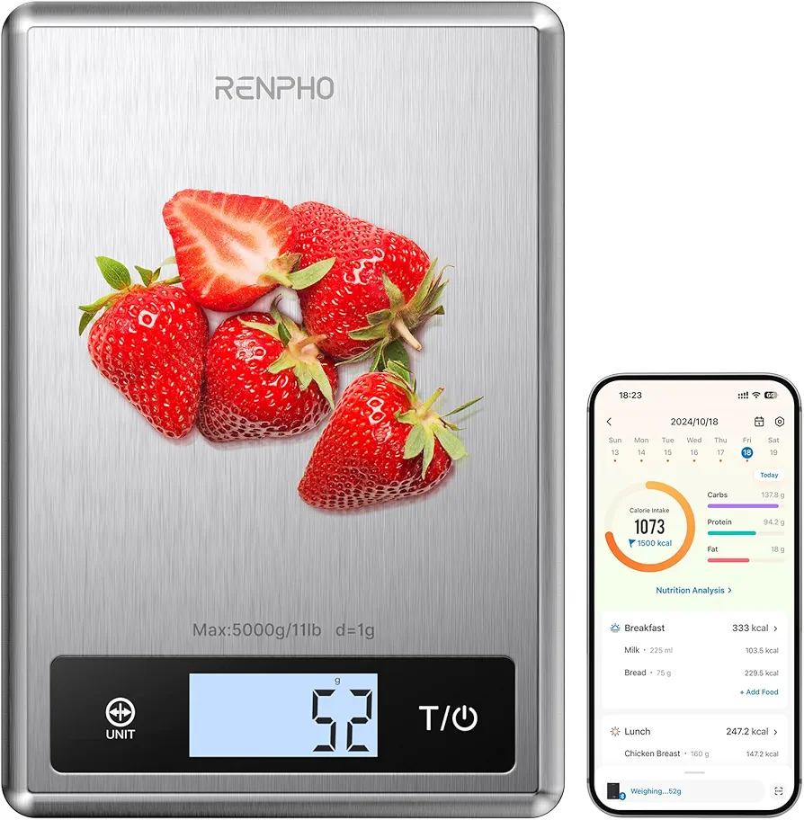 RENPHO Smart Food Kitchen Scale, Food Weight Scale with Nutritional Calculator, Digital Food Scale Grams and Ounces for Weight Loss, Calorie, Macro and Cooking, Stainless Steel