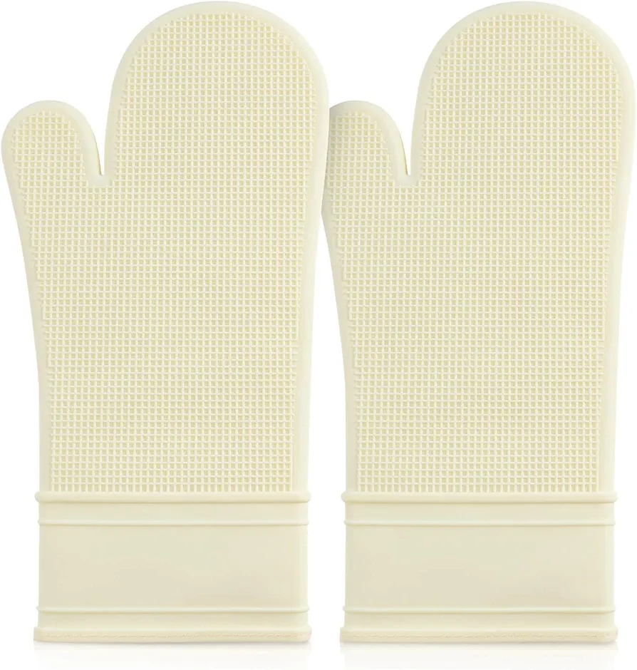 Silicone Oven Mitt Set 7"x14", Extra Long Oven Mitts Heat Resistant Non-Slip Quilted Liner Kitch Oven Gloves for BBQ, Baking, Cooking, Beige