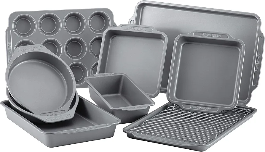 Farberware Nonstick Steel Bakeware Set with Cooling Rack, Baking Pan and Cookie Sheet Set with Nonstick Bread Pan and Cooling Grid, 10-Piece Set, Gray