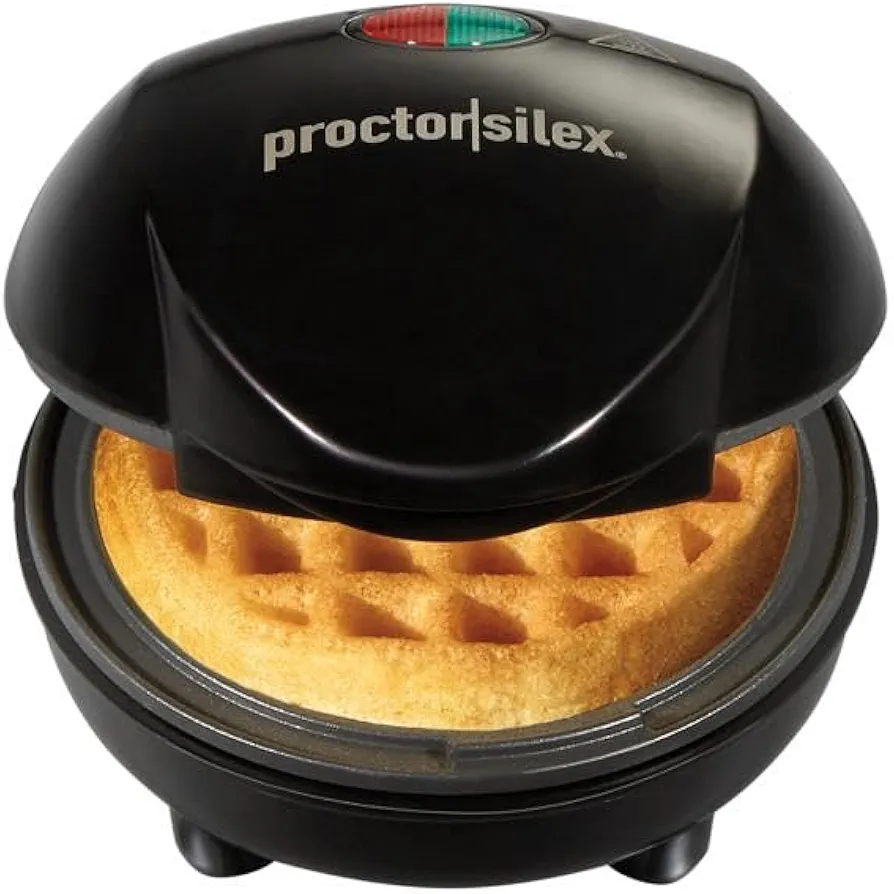 Proctor Silex Mini Waffle Maker Machine with 4” Round Non-stick Grids, Make Personalized Individual Breakfast Keto Chaffles and Hashbrowns, Compact, Black (26100)