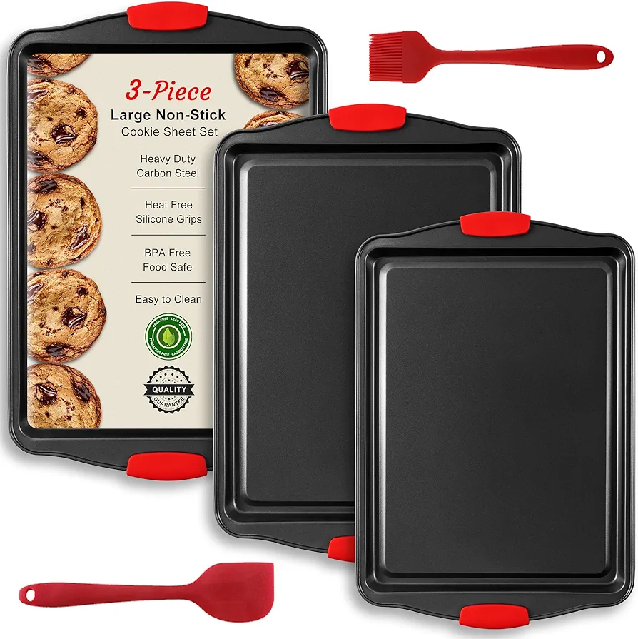 Baking Sheet Set, 3-Piece Cookie Sheet Set with Silicone Handles, Steel Baking Pans Set, Durable Baking Sheets for Oven, BPA Free Cookie Sheets for Baking Nonstick Set, Sheet Pan - Black Baking Tray