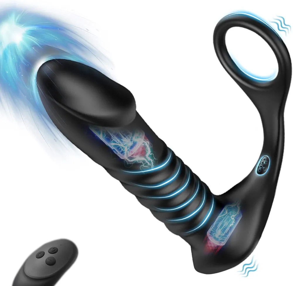 Thrusting Anal Vibrator with Thick Penis Ring, 3*10 Vibrating&Telescopic Prostate Massager Dildo Shaped Anal Plug, TIVINO Silicone Male Sex Toys Gay Toy for Men Masturbation and Foreplay