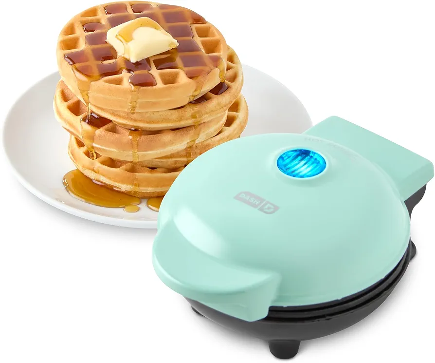 DASH Mini Waffle Maker - 4” Waffle Mold, Nonstick Waffle Iron with Quick Heat-Up, PTFE Nonstick Surface - Perfect Mini Waffle Maker for Kids and Families, Just Add Batter (Aqua)