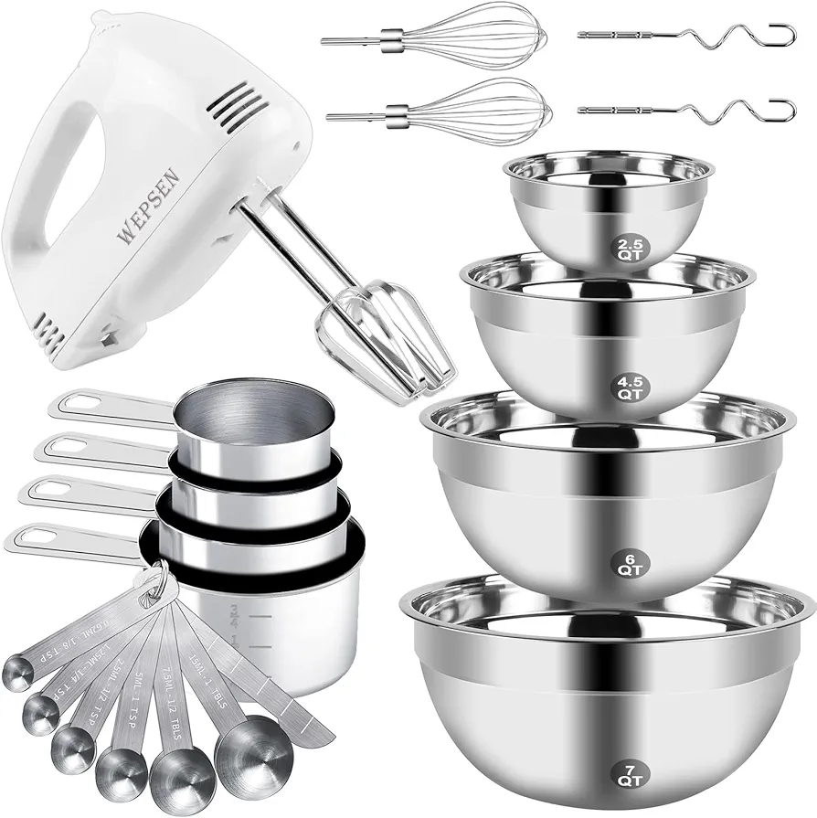 Hand Mixer Electric Mixing Bowls Set, 5 Speeds Handheld Mixer with 4 Nesting Stainless Steel Mixing Bowl, Measuring Cups Spoons 200W Kitchen Blender Whisk Beater Baking Supplies For Beginner