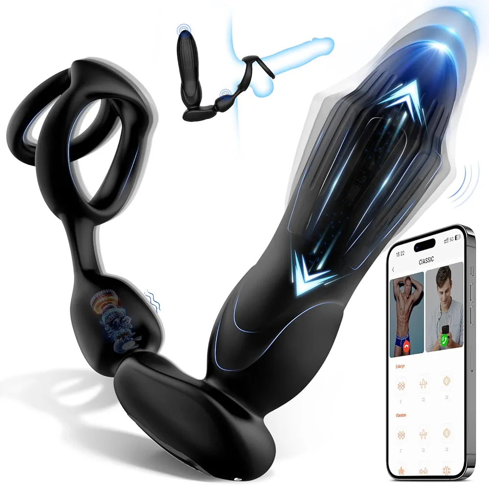 Thrusting Anal Expansion Prostate Massager - Vibrating Anal Vibrator Butt Plugs Perineum Stimulator with 3 Thrusting Expanding & 9 Vibration Modes, 3 in 1 Adult Sex Toys Penis Rings for Men Orgasm