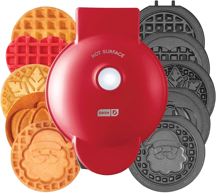 DASH Holiday Multimaker Mini System - Waffle Maker with Six 4” Removable Holiday Plates: Waffle Iron & Griddle, 4-in-1 Mini Waffle Maker for Kids and Families – Nonstick Surface, Santa Waffle (Red)