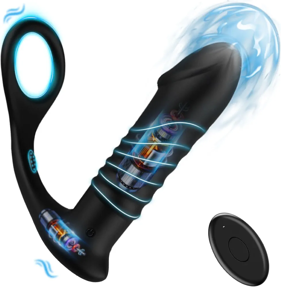 Thrusting Anal Vibrator with Thick Penis Ring, 9 Thrusting & Vibrating Modes Prostate Massager Dildo Shaped Anal Plug, Silicone Male Sex Toys Gay Toy for Men Masturbation and Foreplay