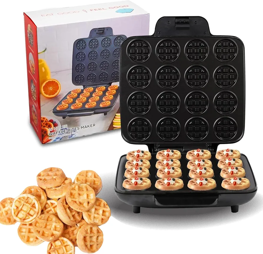 Mini Waffle Maker Round Waffle Maker Makes 16 X 2”Tiny Waffle Bites Nonstick Surface Excellent Choice for Breakfast Brunch Parties and Events