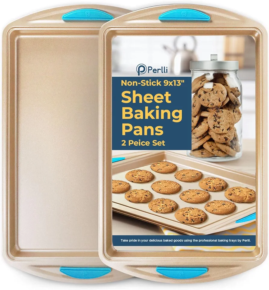 Perlli Cookie Sheet Baking Pan 2 Piece Set, 9x13" Gold Nonstick Trays with Blue Silicone Hand Grips Oven Bakeware Pans Set, Premium Quality Carbon Steel Baking Tray Sheets