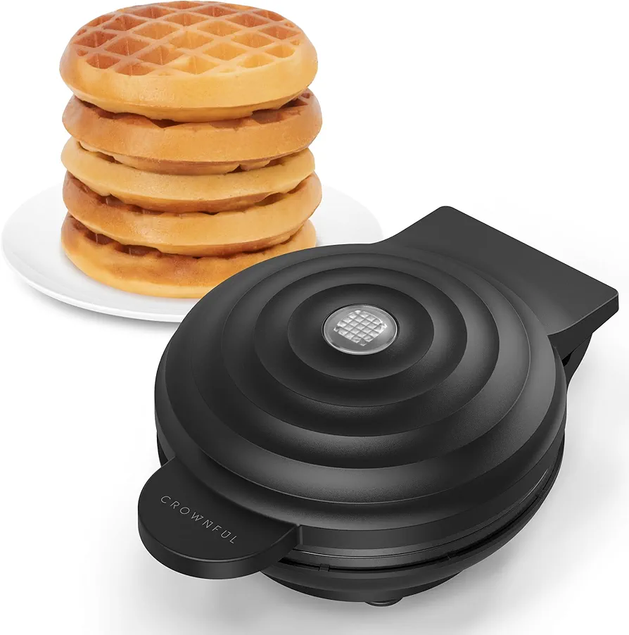 Crownful Mini Waffle Maker Machine, 4 Inch Chaffle Maker with Compact Design, Easy to Clean, Non-Stick Surface, Recipe Guide Included, Perfect for Breakfast, Dessert, Sandwich, or Other Snacks