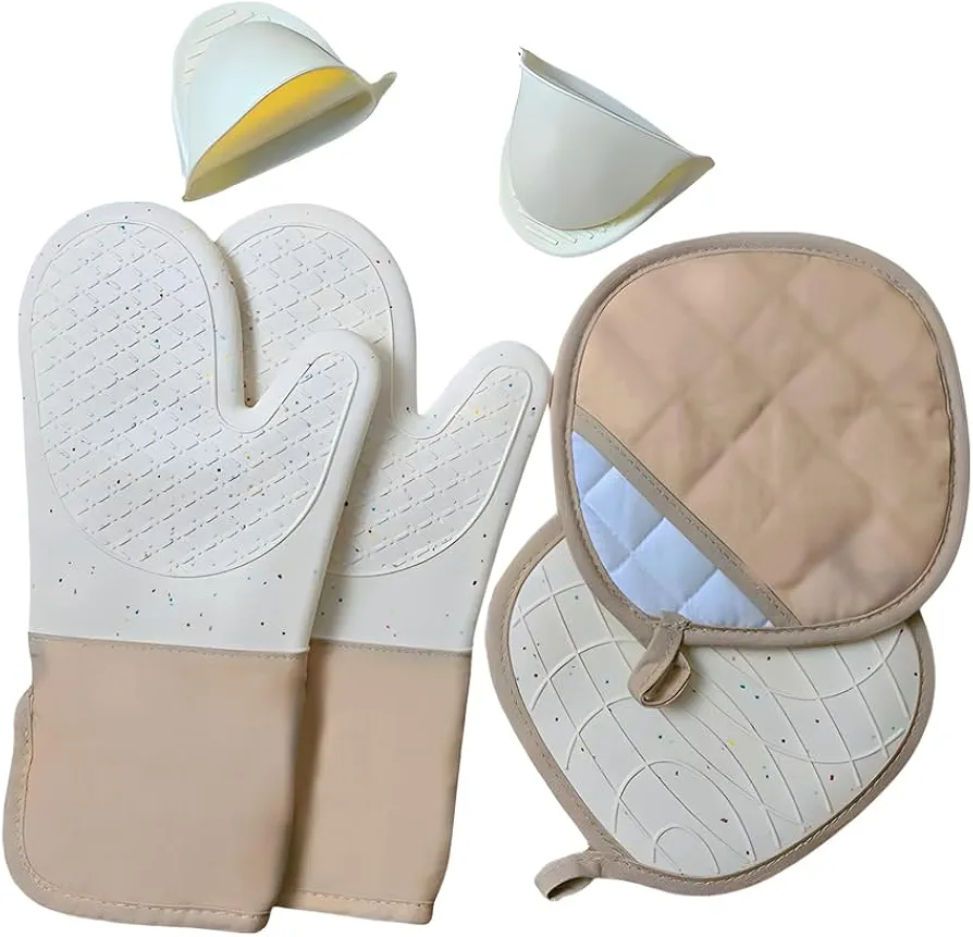 6-Piece Set Silicone Oven Mitts Cooking BBQ Gloves Non-Slip Heat Resistant Soft Cotton Lining Washable Baking Gloves Beige