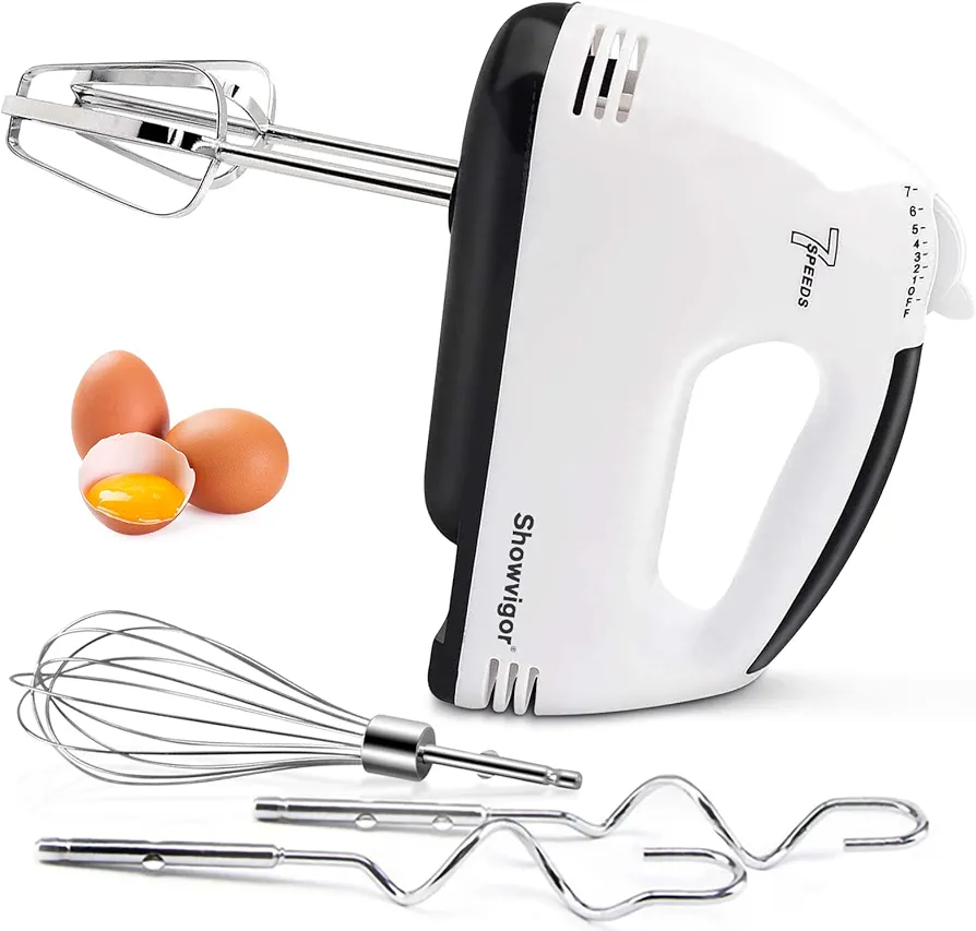 7-Speed Hand Mixer, 5-Piece Set, 2 Stainless Steel Dough Hooks, 2 Stirrers, 1 Traditional Whisk, Hand Mixer Electric Handheld for Stirring Meat, Dough, Eggs, Dishwasher Safe(White)