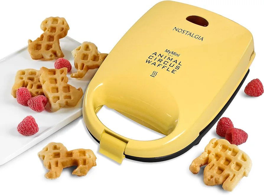 Nostalgia MyMini Personal Electric Animal Circus Waffle Maker, Waffle Iron makes Cat, Dog, Elephant, Lion, Yellow