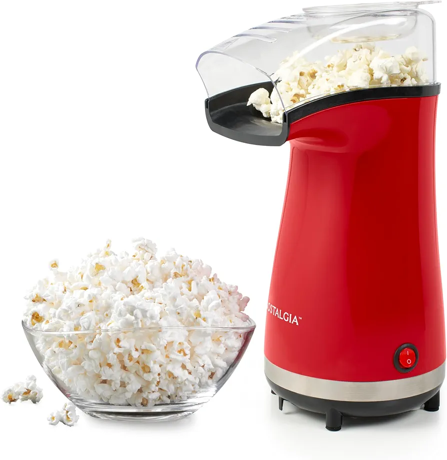 Nostalgia 16 Cup Hot Air Popcorn Maker | Makes Hot, Healthy Popcorn, No Oil Needed | Measuring Cap for Kernels Included | Stainless Steel | Red