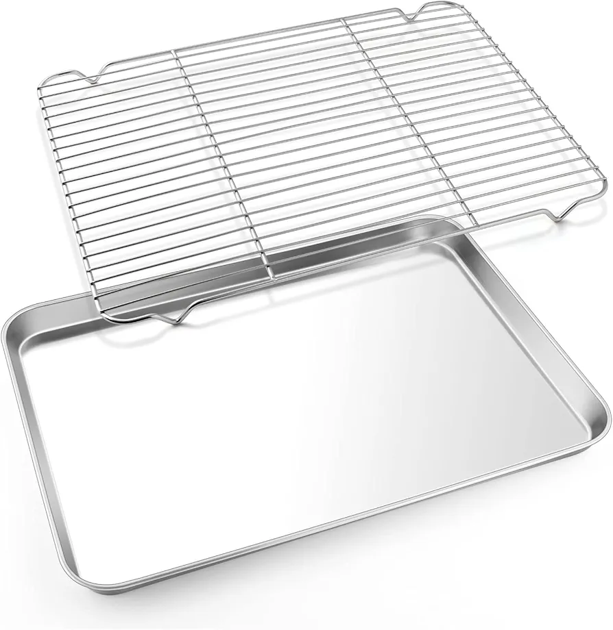 E-far Cookie Sheet with Rack Set, Half Sheet Baking Pan for Oven Cooking, 18”x13” Stainless Steel Rimmed Tray with Wire Cooling Rack for Roasting Broiling Bacon Meat Steak - Dishwasher Safe