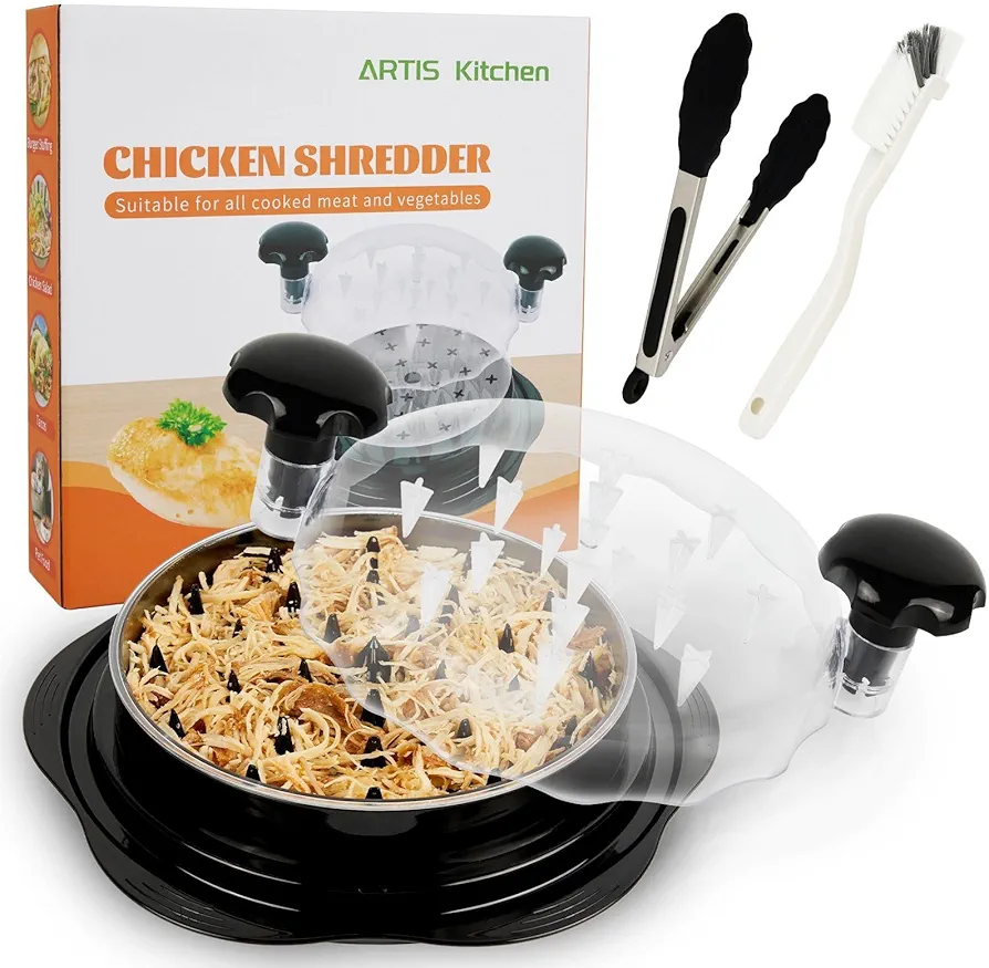 Kitchen gadget: Chicken shredder food processor - Quick shredding tool for poultry, meat grinder and vegetables- Durable and ergonomic. Comes with tong and cleaning brush.