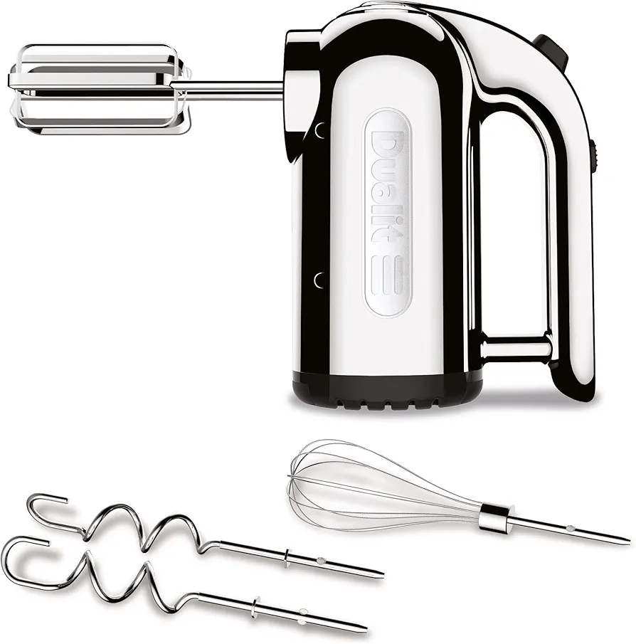 Dualit Hand Mixer - 400W - Strong Grip Handle - Attachments Included - Integral Plug Storage - 4 Speed Settings - Repairable gears - Flat Beaters, Dough Hooks, Balloon Whisk