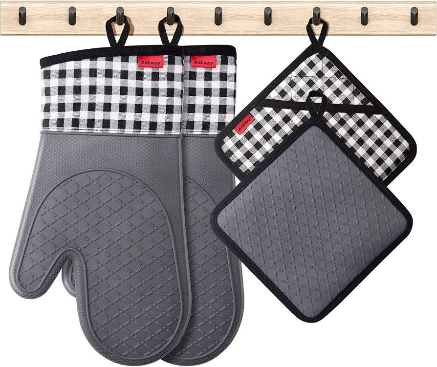 Silicone Oven Mitts and Pot Holders Sets - Ankway Heat Resistant Kitchen Mitts with Waterproof, Flexible Oven Gloves with Quilted Liner for Kitchen Cooking Baking Grilling, Dishwasher Safe, Gift Pack