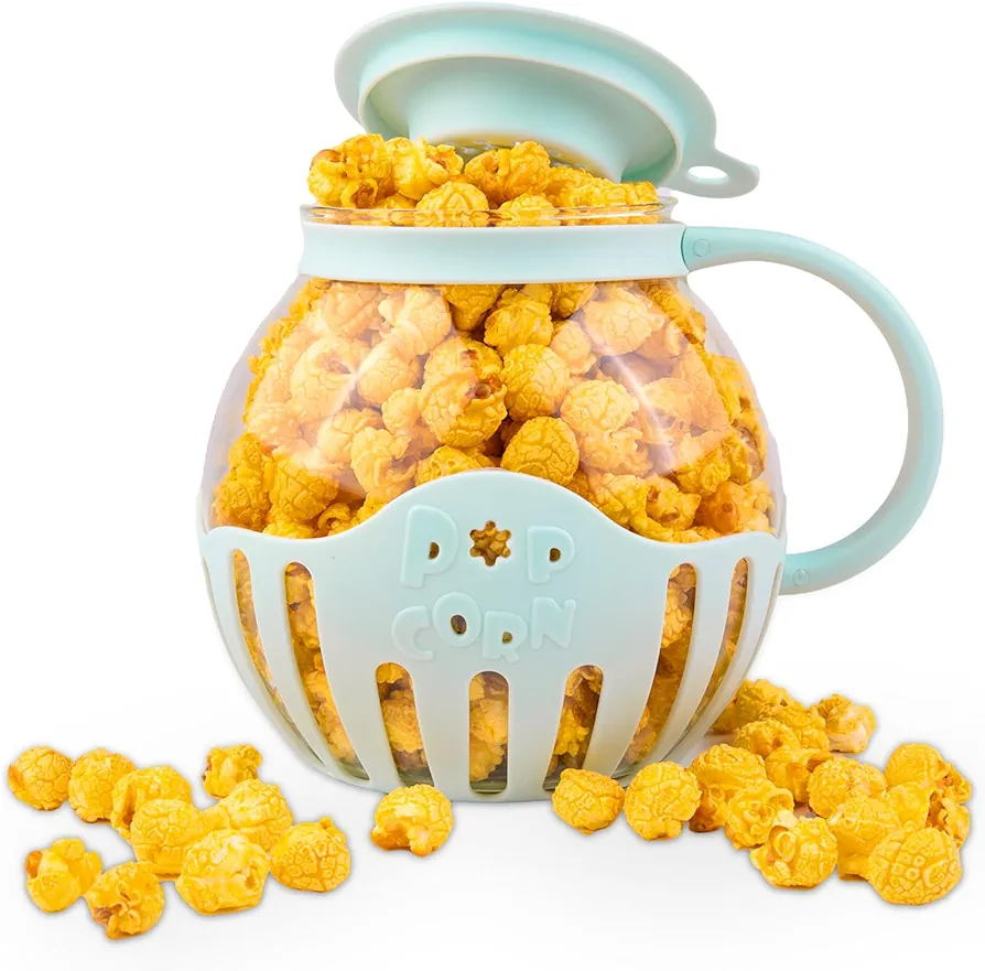 Glass Microwave Popcorn Popper with 3-in-1 Multifunctional High Temperature Resistant Glass Popcorn Jar Silicone Lid for Family Party Blue 1 pack