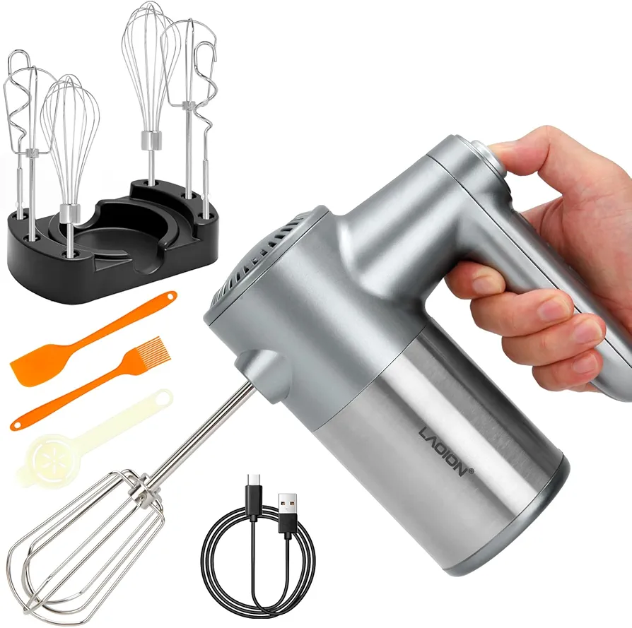 Cordless Hand Mixer, 7-Speed Digital Rechargeable Mixer Electric Handheld with Base, Household Mixer with 6 Stainless Steel Accessories, Beaters, Dough Hooks, Whisks for Baking, Cake, Egg,Cream