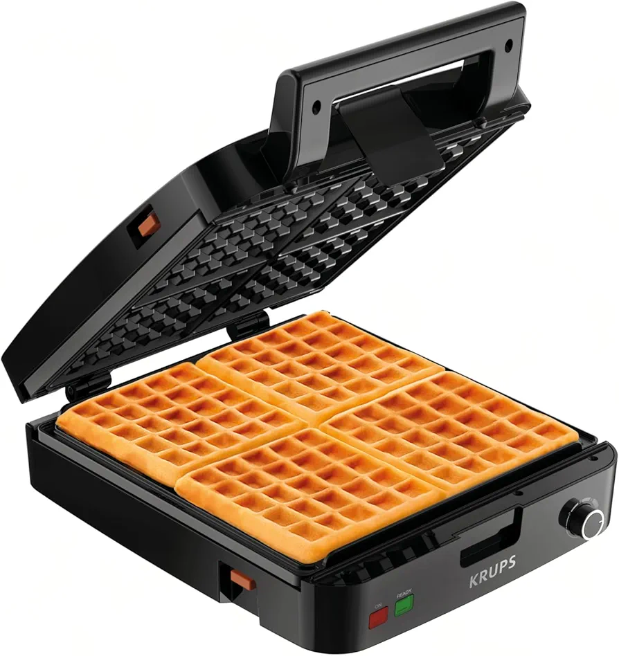 KRUPS 4-Slice Belgian Waffle Maker: Stainless Steel, 5 Browning Levels, Audible Ready Beep, Removable Plates, 1200W, Silver/Black - Perfect for Family Breakfasts