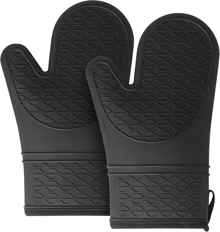 Vaincre Oven Mitts Heat Resistant - 2PCS Black Silicone Oven Mitts, Non-Slip Grip Soft Oven Mitt, Flexible Kitchen Oven Mits Potholders Oven Gloves for Cooking Baking Kitchen Mittens