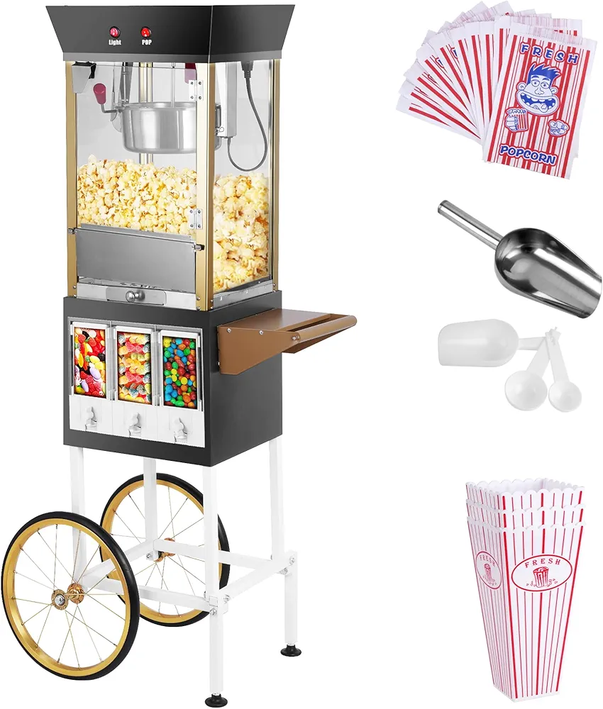 Popcorn Popper Machine 8 OZ Vintage Professional Popcorn Maker Theater Style Movable Popcorn Cart with Three Storage Candy & Kernel Dispenser, Nonstick Kettle Serving Scoop for Home Use Movie Nights