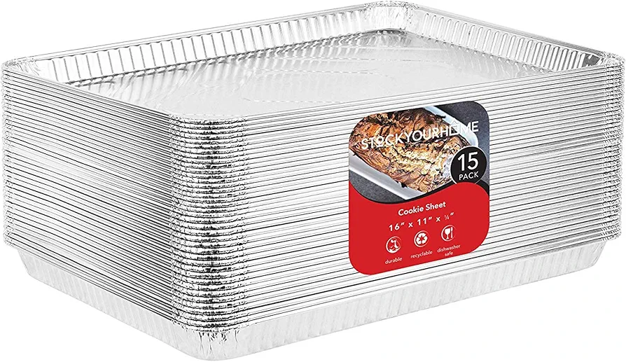 Stock Your Home Aluminum Pans Cookie Sheet Baking Pans (15 Pack) Disposable Aluminum Foil Trays - Reusable and Durable Nonstick Baking Sheets – Disposable Cookie Sheet Foil Pans - 16 Inch x 11 Inch